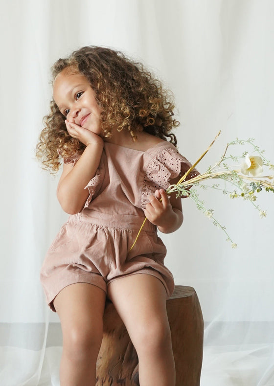 Lili | Corduroy Anglaise Romper | Café Au Lait