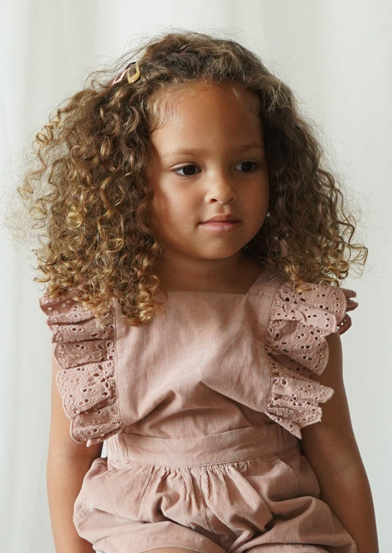 Lili | Corduroy Anglaise Romper | Café Au Lait