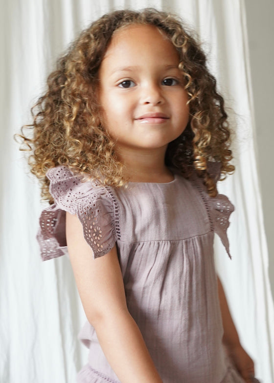 Maliya | Muslin Cotton Anglaise Dress | Dusty Mauve