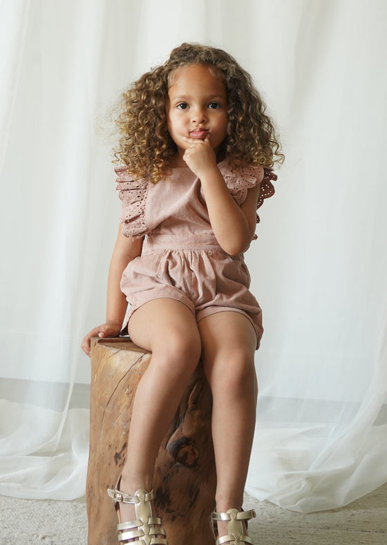 Lili | Corduroy Anglaise Romper | Café Au Lait