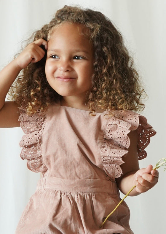 Lili | Corduroy Anglaise Romper | Café Au Lait