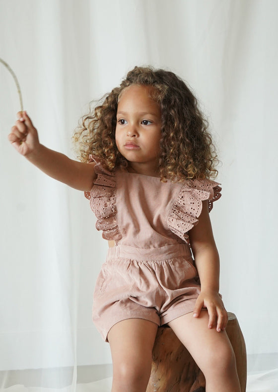 Lili | Corduroy Anglaise Romper | Café Au Lait