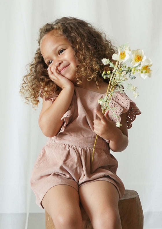 Lili | Corduroy Anglaise Romper | Café Au Lait