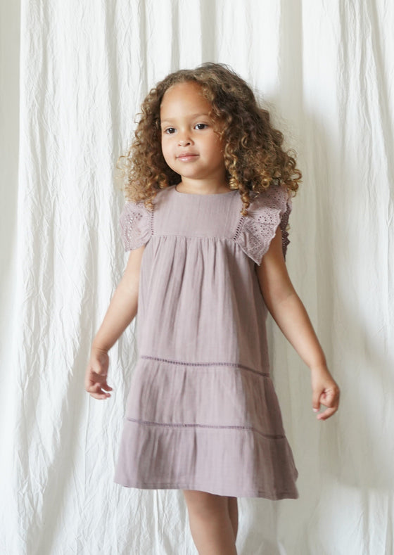 Maliya | Muslin Cotton Anglaise Dress | Dusty Mauve